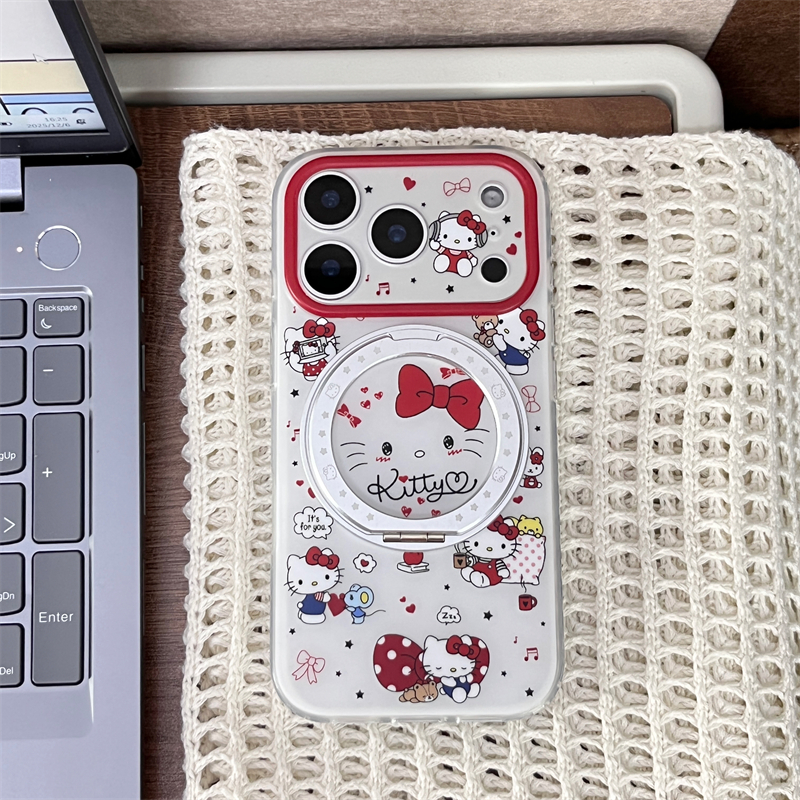 360°旋转支点磨砂红色Kitty适用16promax手机壳iPhone17苹果15/14