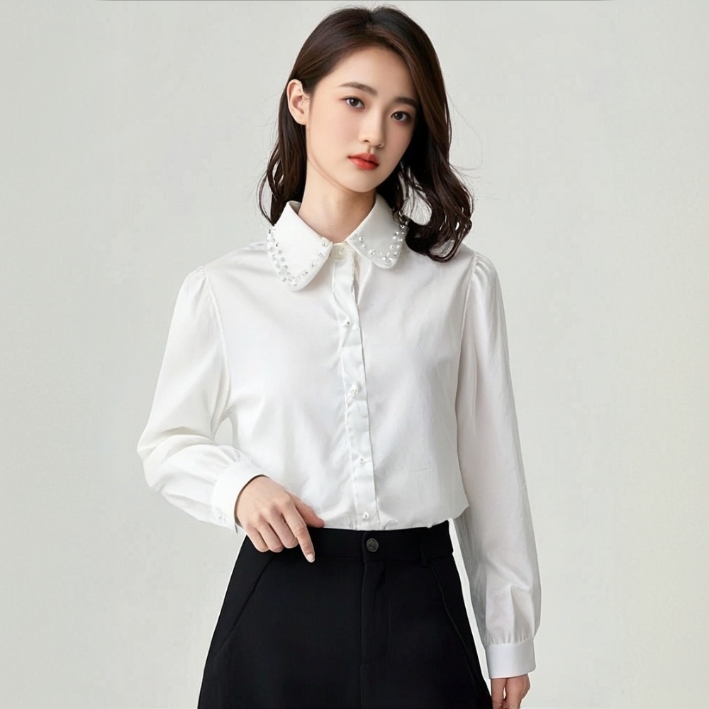 衣源3322#设计感翻领钉珠衬衫新款宽松显瘦时尚排扣上衣(长约55）
