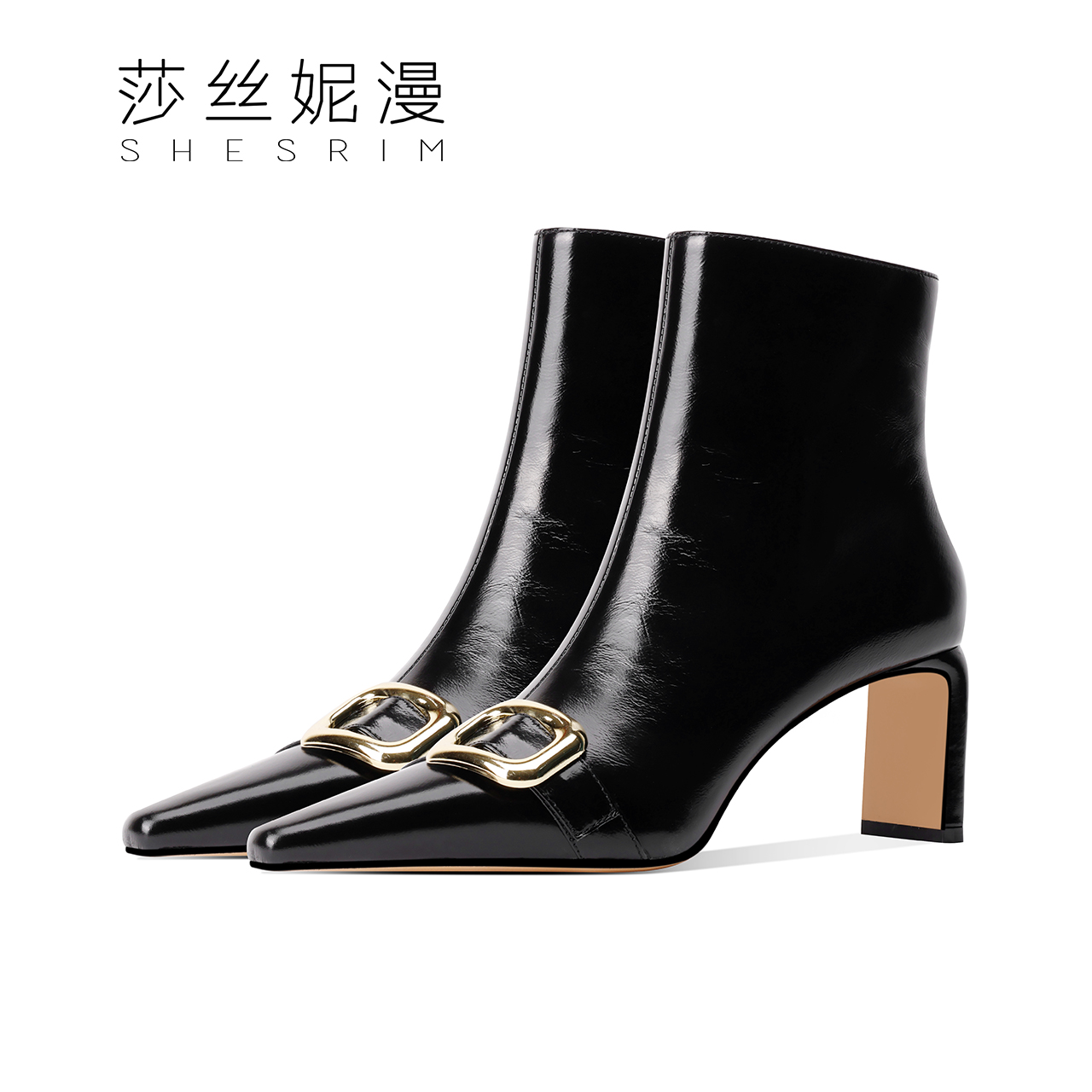 198-2025新款女真皮短靴复古方头粗跟方扣休闲靴高端压花工艺高档