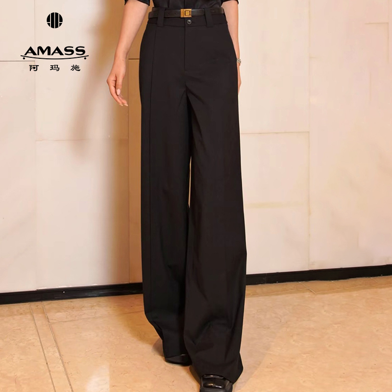AMASS/阿玛施新款休闲百搭时尚黑色气质简洁时装利落宽腿裤510075