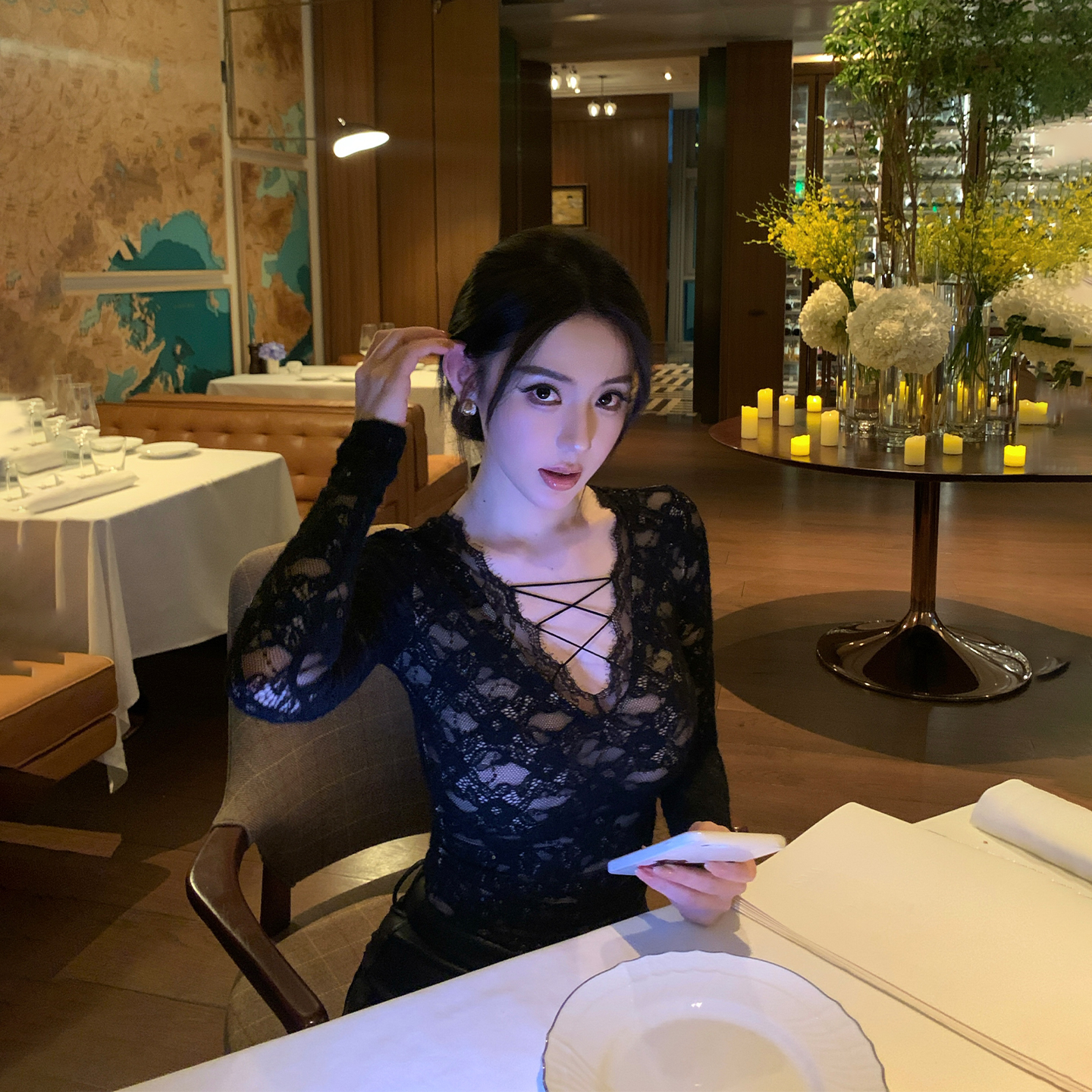 SX善喜交叉绑带V领蕾丝衫女纯欲性感修身显瘦长袖内搭打底衫上衣
