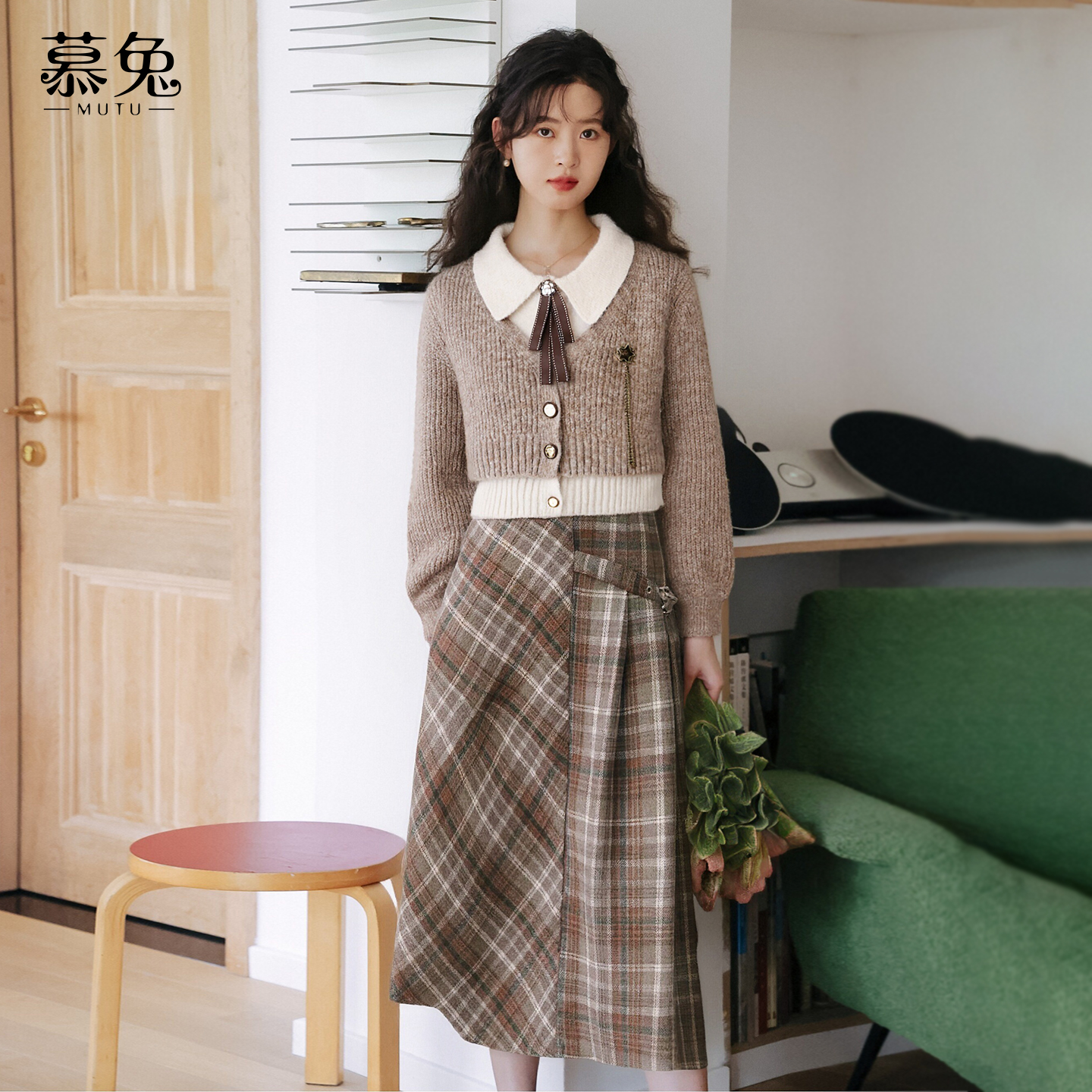 慕兔假两件毛衣不规则半身裙两件套冬新款韩系气质套装裙TU30665