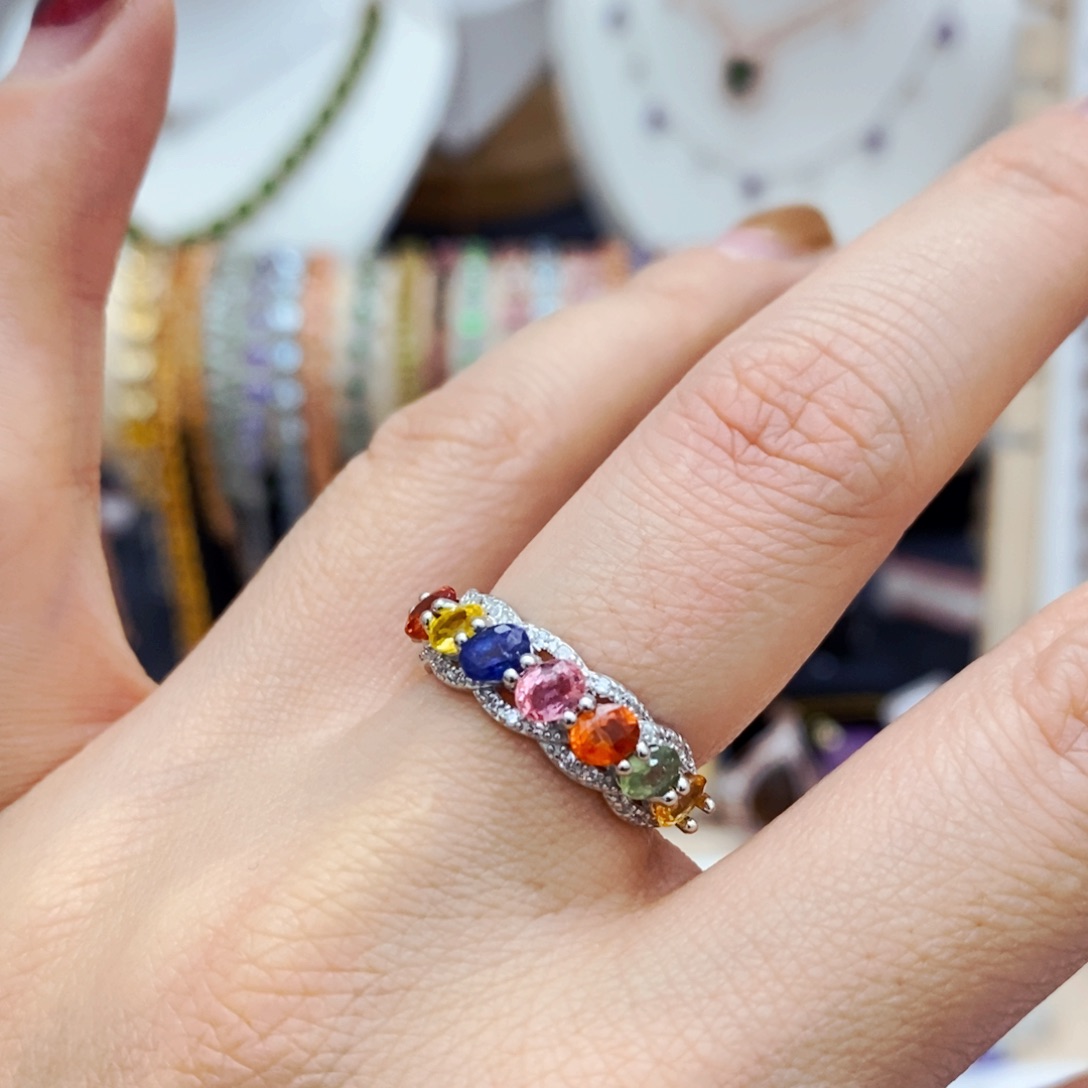 彩色蓝宝石戒指银S925镶嵌