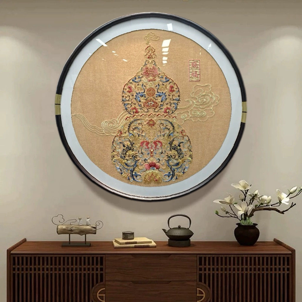 圆形百福福禄葫芦刺绣挂画新中式玄关客厅餐厅装饰画