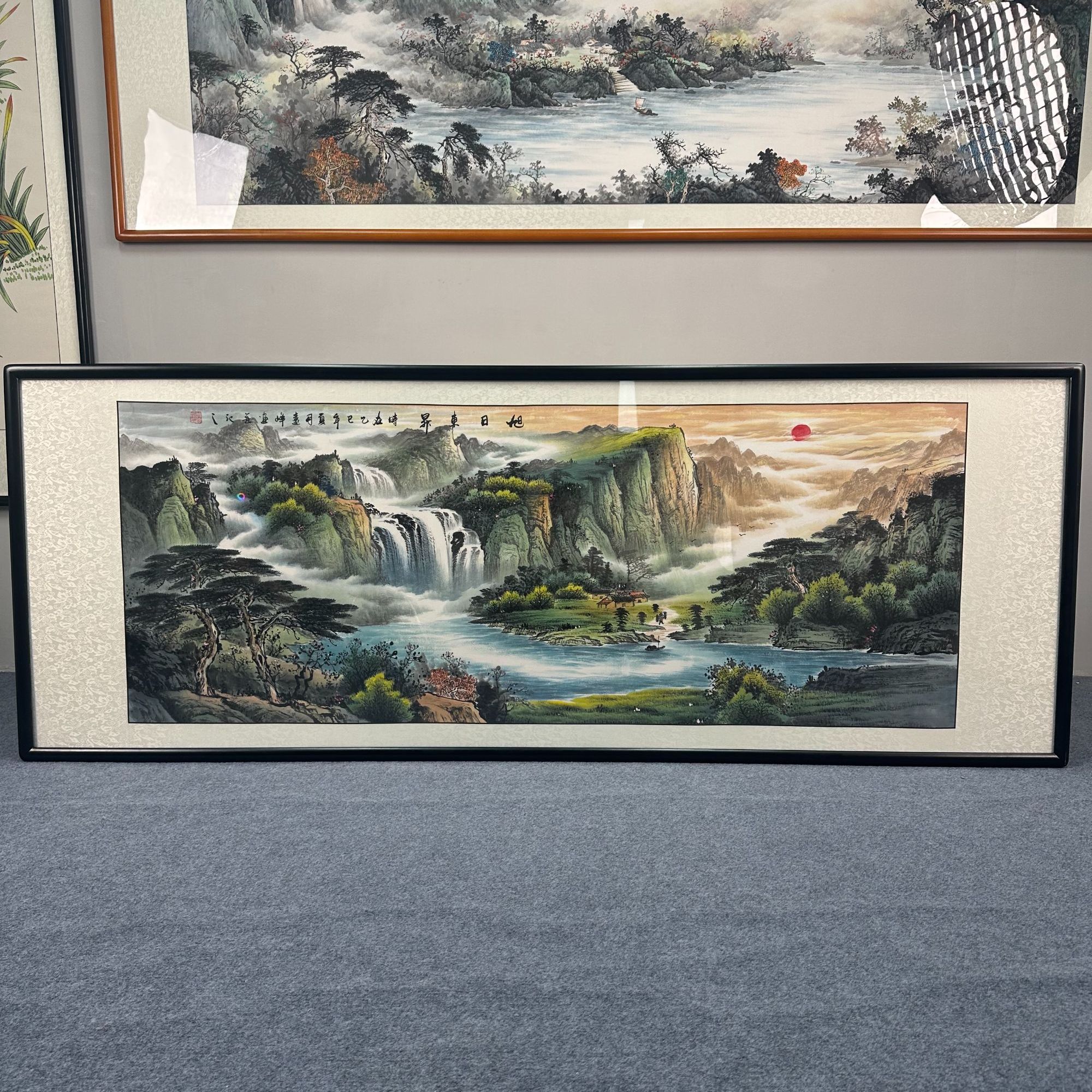 纯手绘-旭日东升215X85新中式山水国画客厅办公室挂画背景墙挂画