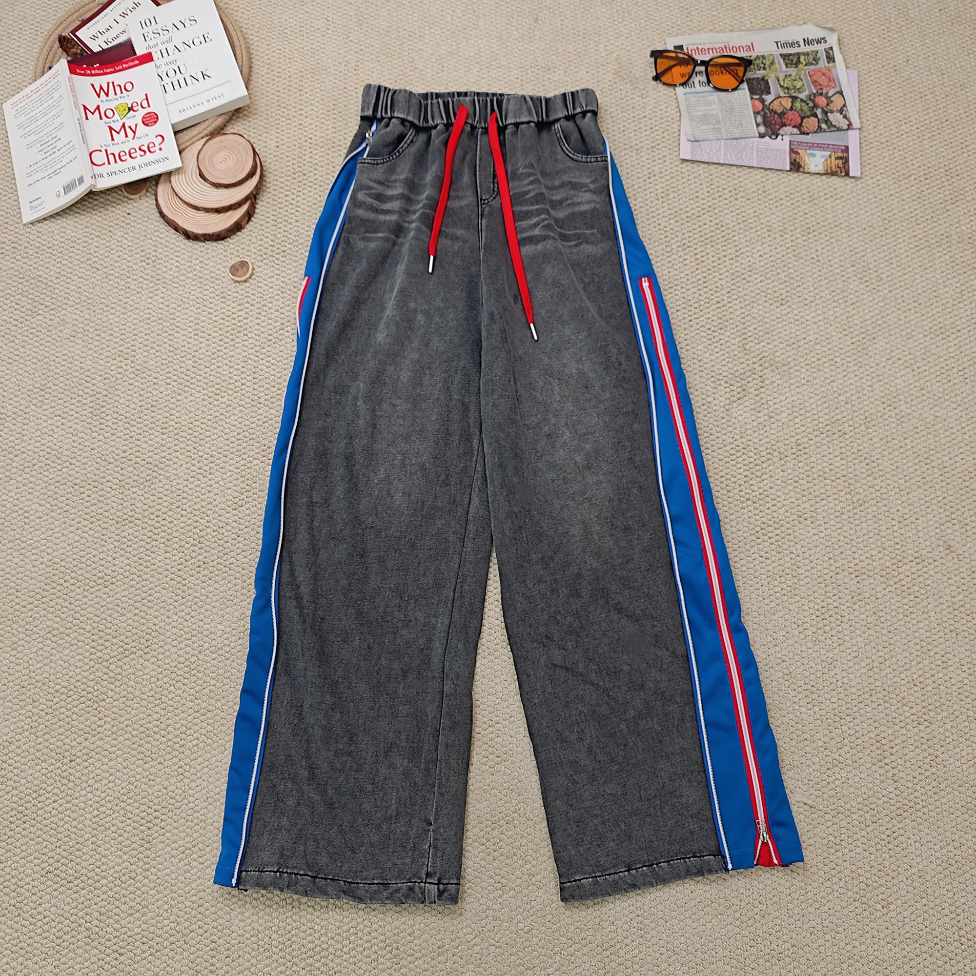 2025夏季新款百搭休闲裤牛仔拼接运动牛仔裤阔腿裤2136