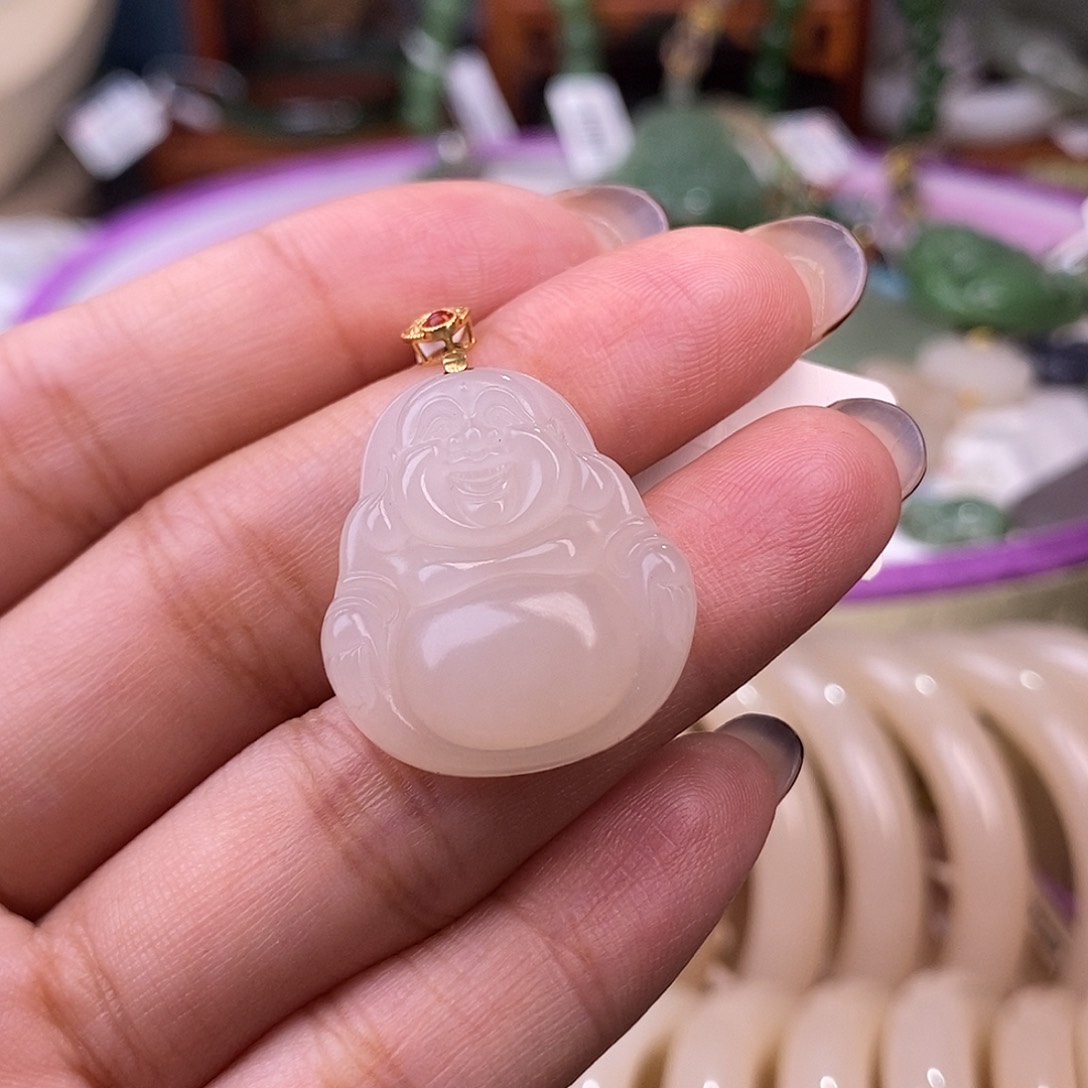 和田玉清货价红粉金镶佛公未镶嵌