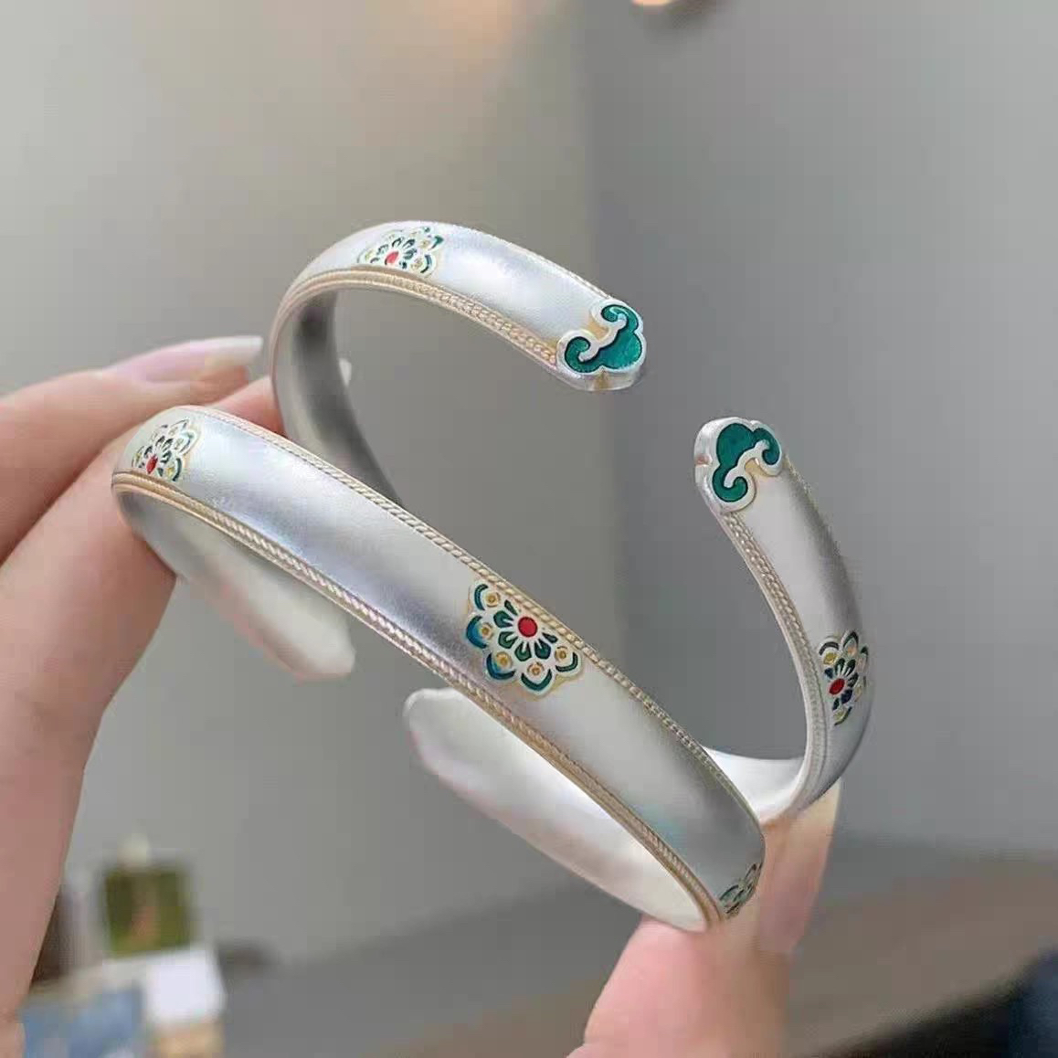 足银手镯 足银9999五朵宝相花如意开口银手镯复古国潮风