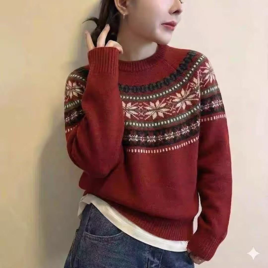 撞色雪花提花甜美减龄学院风针织套头衫秋冬新款费尔岛休闲毛衣女