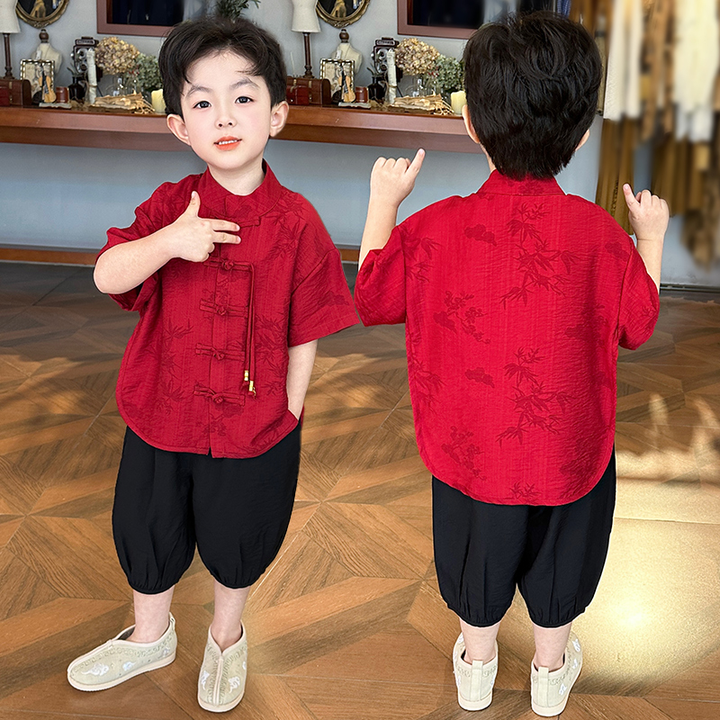汉服男童夏季新中式中国风短袖套装儿童高端小众礼服宝宝古装唐装