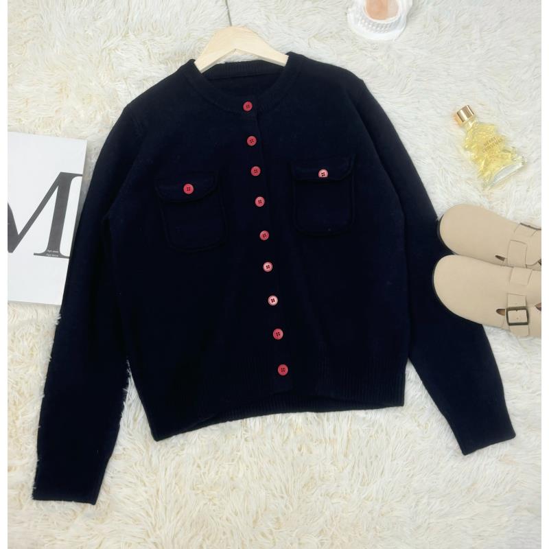 玲姐定制-藏青长袖单排扣口袋款针织开衫310794