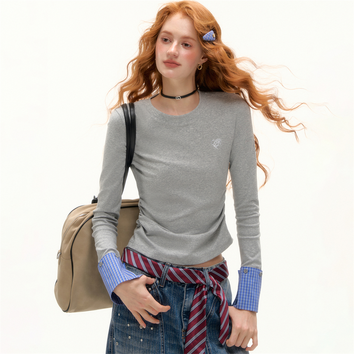 ASGONY官方授权袖口可拆卸格纹圆领打底打底衫