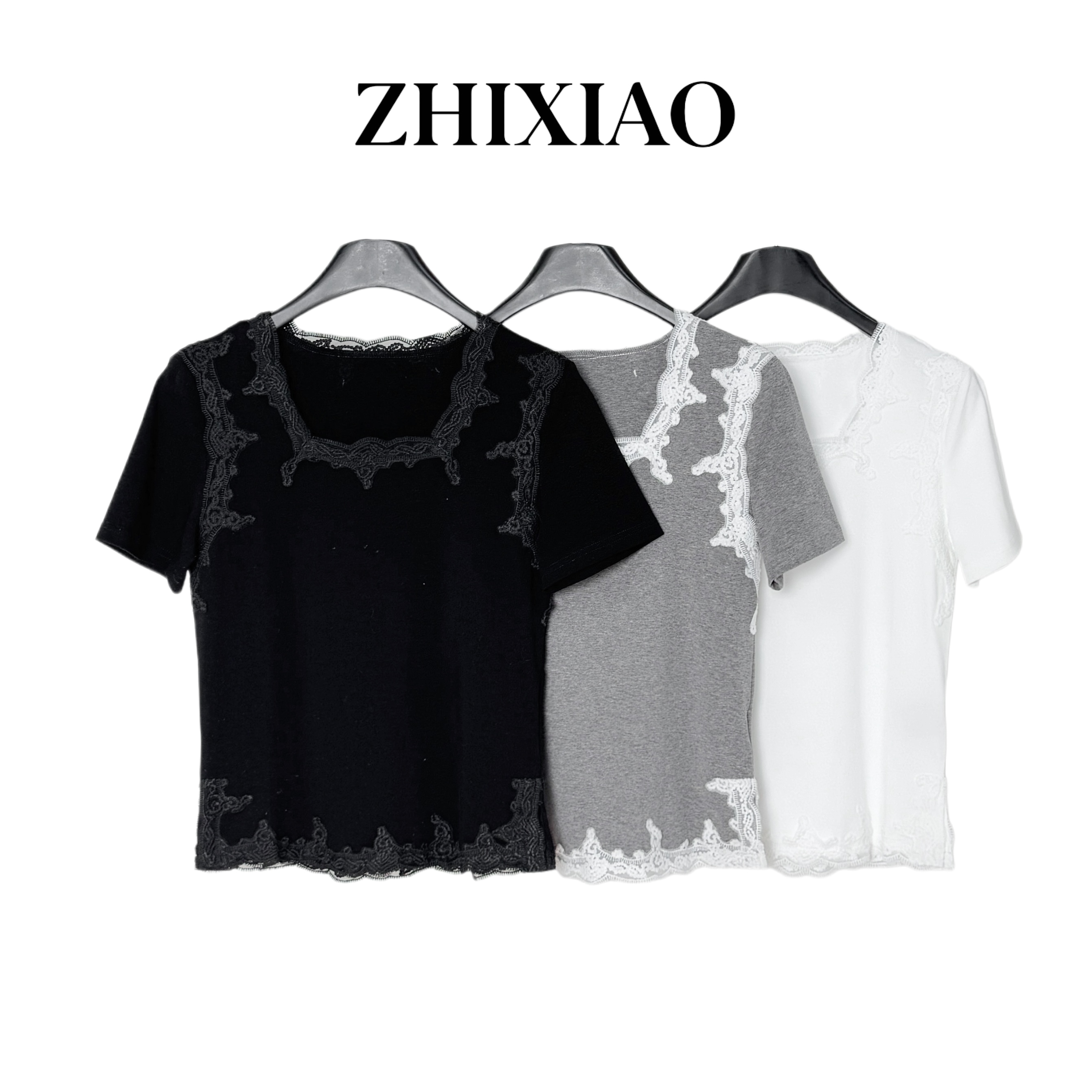 【ZHIXIAO】夏季新款：蕾丝拼接短袖25636