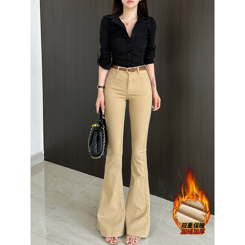 经典高腰加绒老钱风微喇牛仔裤女2025冬季新款净版修身显瘦喇叭裤