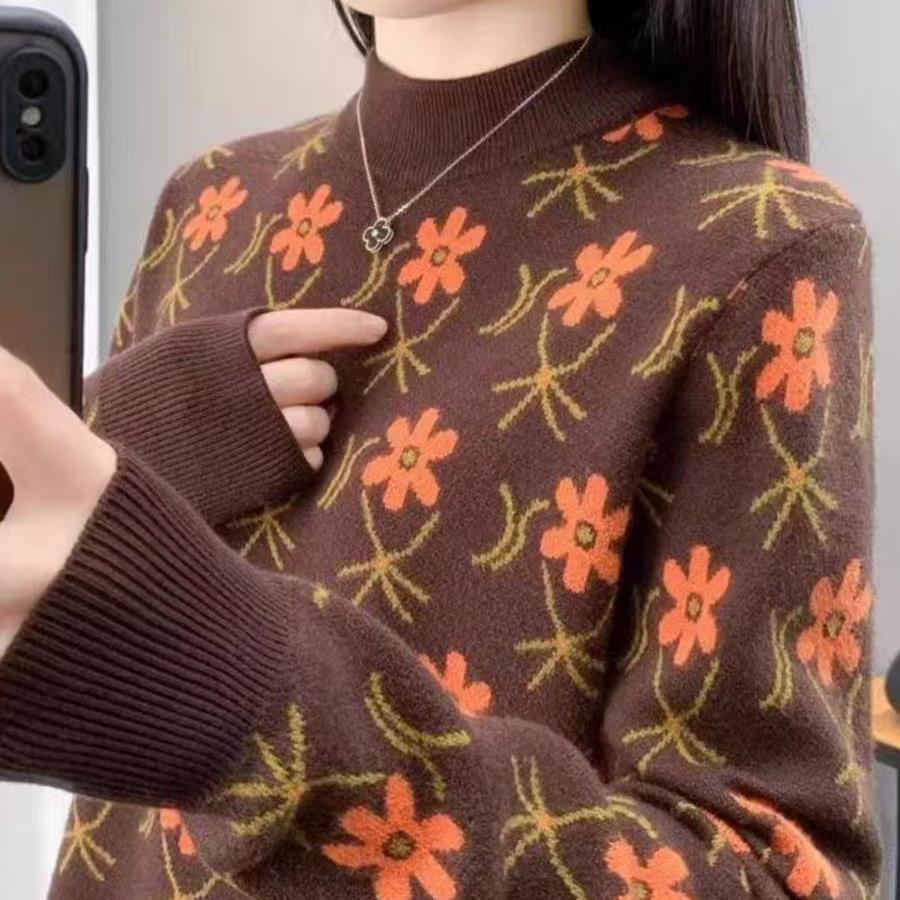【雏菊-咖色】毛衣女秋冬新款半高领打底衫加厚时尚减龄提花长袖