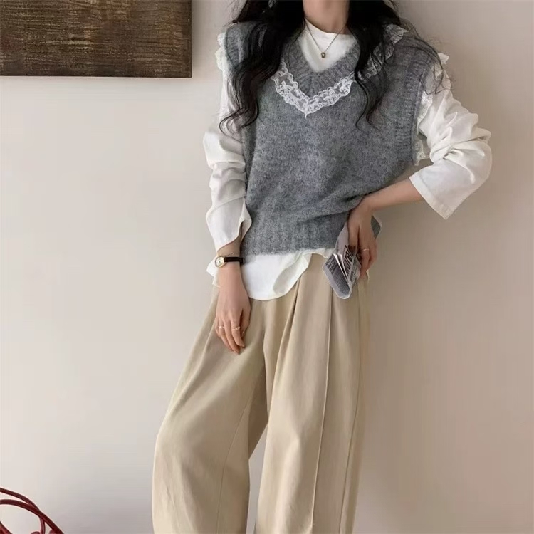 纯色染色背带式女马夹宽松休闲毛衣针织衫女装百搭蕾丝V领套头上