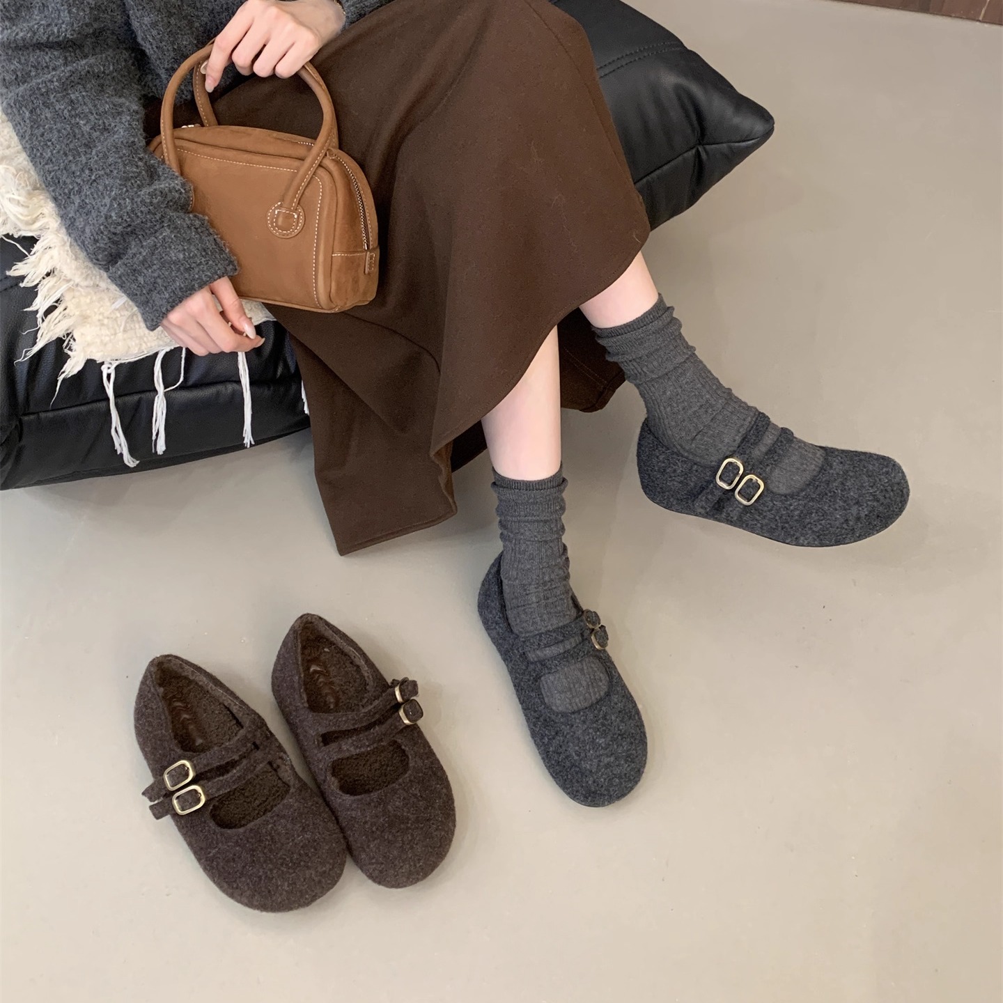 增高4cm!毛毛鞋女呢子玛丽珍鞋2025冬季新款复古灰色加绒保暖棉鞋