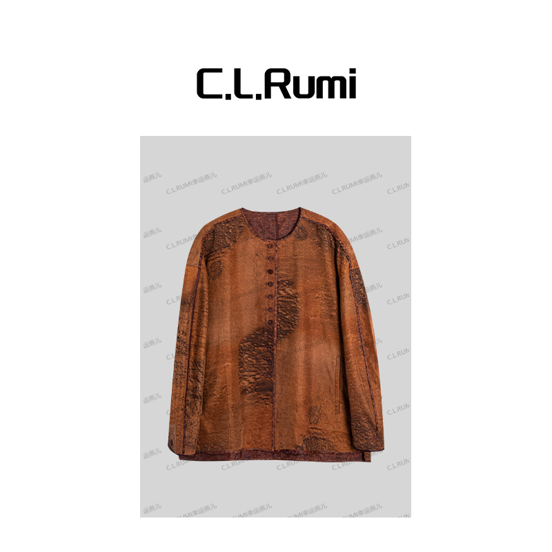 【Rumi小店】“香云纱”25夏重磅香云纱桑蚕丝复古印花圆领衬衫6844sy