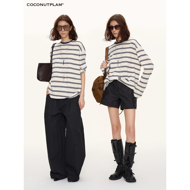 COCONUTPLAM*UNISEX “治愈系”肌理感撞色条纹/静色长袖T恤