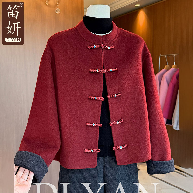 中年妈妈新中式国风双面羊毛大衣2025冬季新款毛呢喜婆婆红色外套