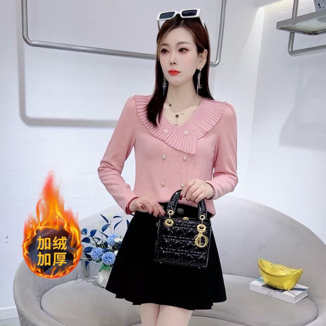 A8978秋冬新款法式设计感别致V领修身长袖T恤减龄百搭上衣