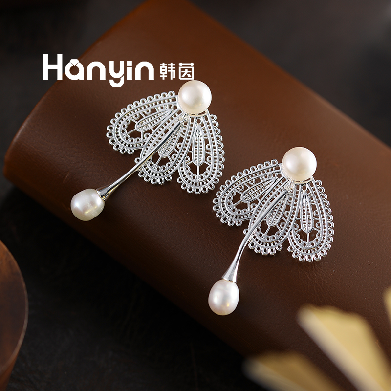 925银针三个翅膀流苏淡水珍珠耳钉小众设计感AAA