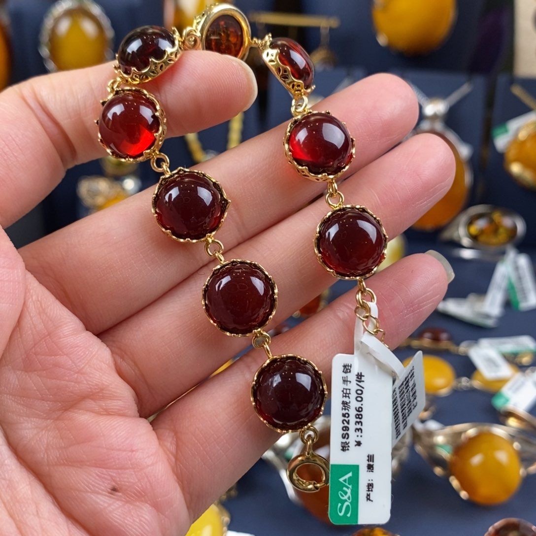 琥珀手链银S925镀金镶嵌