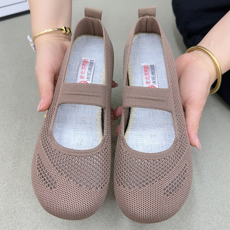 老北京布鞋女夏季飞织透气镂空豆豆鞋浅口凉鞋软底防滑舒适妈妈鞋