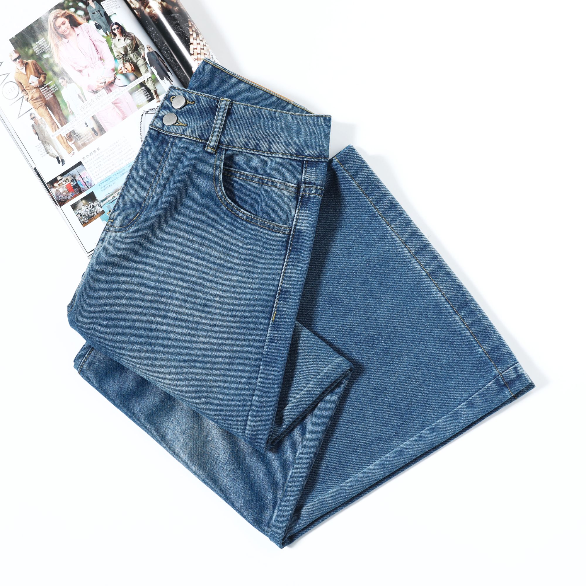 春季新款高腰直筒阔腿牛仔裤女时尚宽松休闲百搭显瘦小个子微喇裤