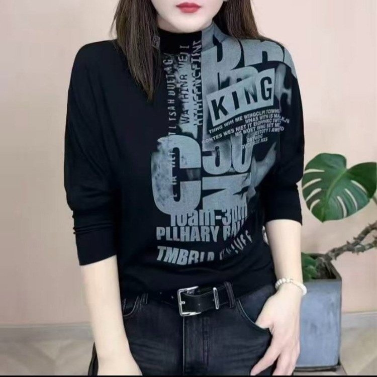 微佳轻奢常规时尚套头洋气宽松型长袖半高领女显瘦T恤内搭拼接