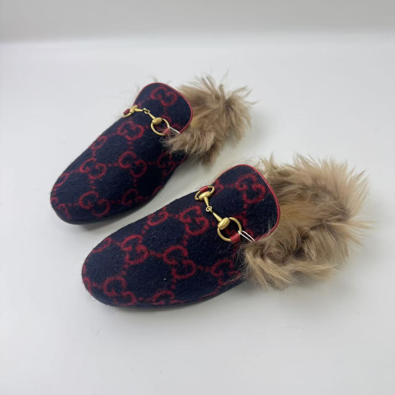95新 GUCCI/古驰 36码/仔仔女鞋/黑色红双G满印平底包头半拖1838