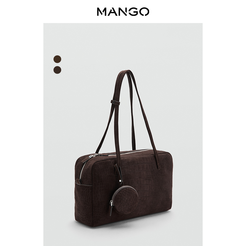 MANGO女装包包2025冬装新款复古风绒面革牛皮挂件大容量休闲包