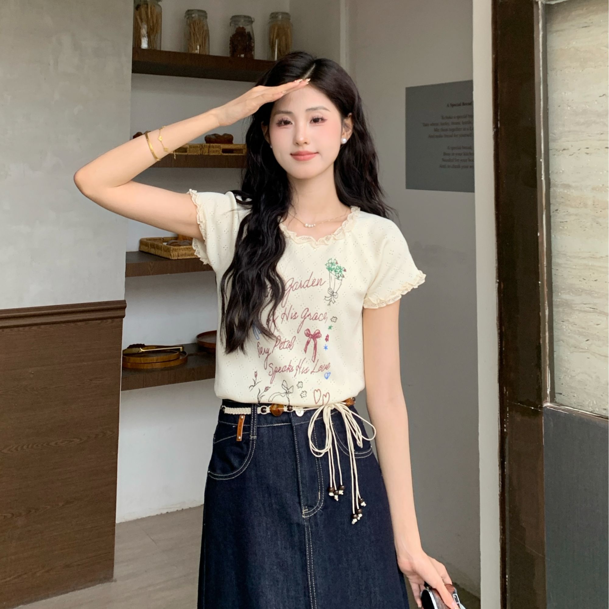 慕兔法式温柔甜美花边圆领短袖T恤女2025夏季新款小个子百搭上衣