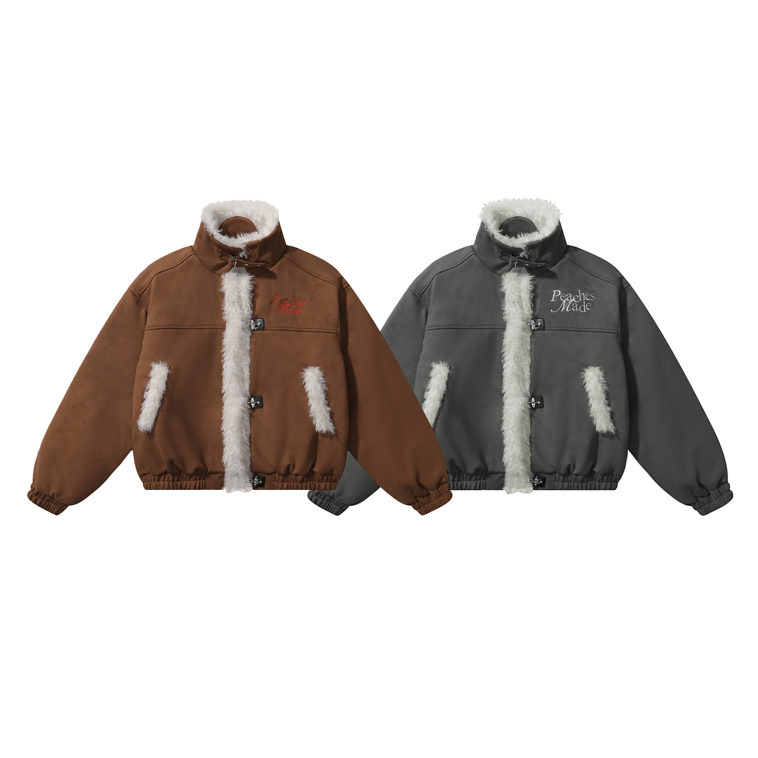 TOM潮 美式街头立领绒感毛毛拼接短外套夹棉冬季加厚2025字母刺绣