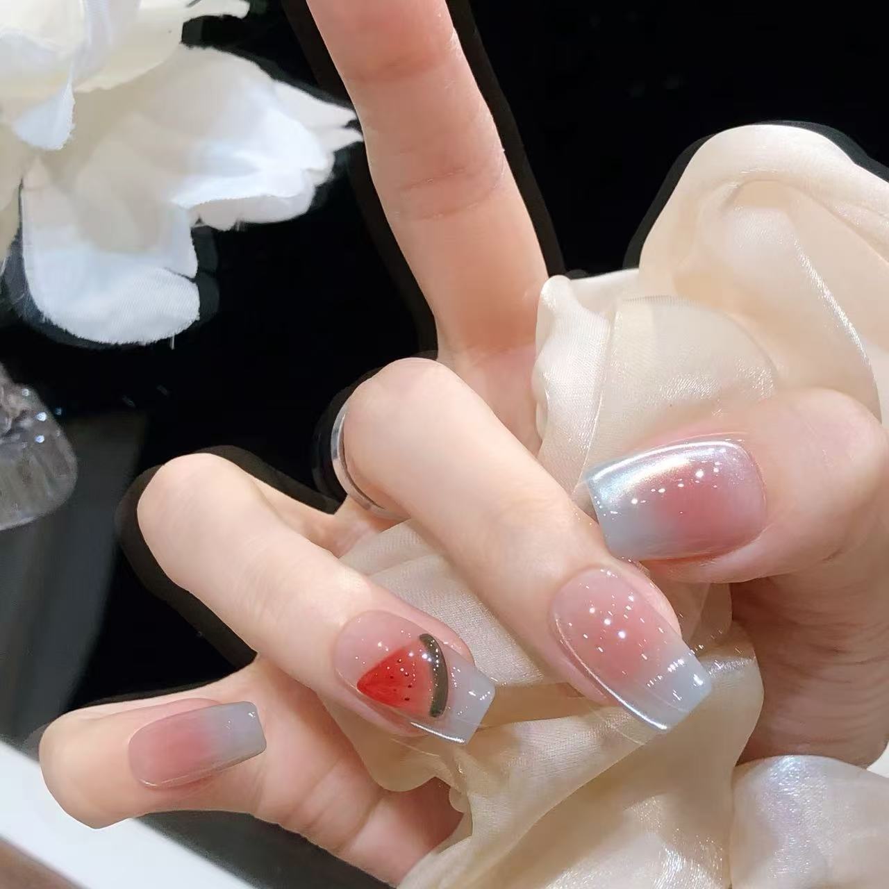 喵公子【冰镇西瓜】纯手工穿戴甲可拆卸美甲光疗甲