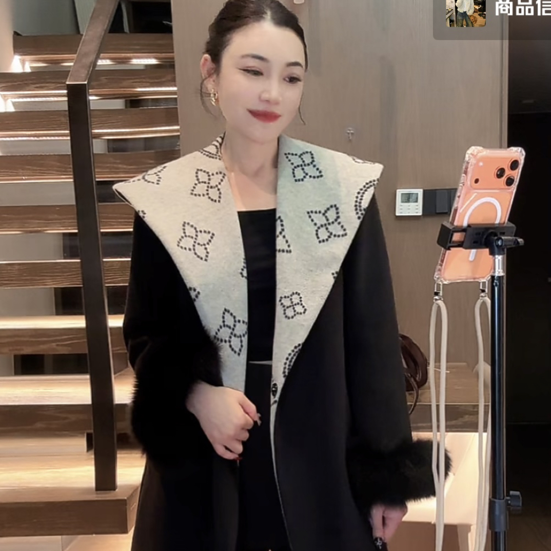 秋季印花连帽双面中长款毛呢外套女气质名媛风