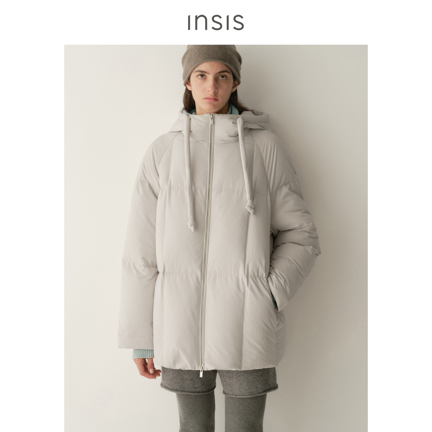INSISFEMME简约风三防90白鹅绒2025年冬季连帽小圆绳A摆羽绒服女