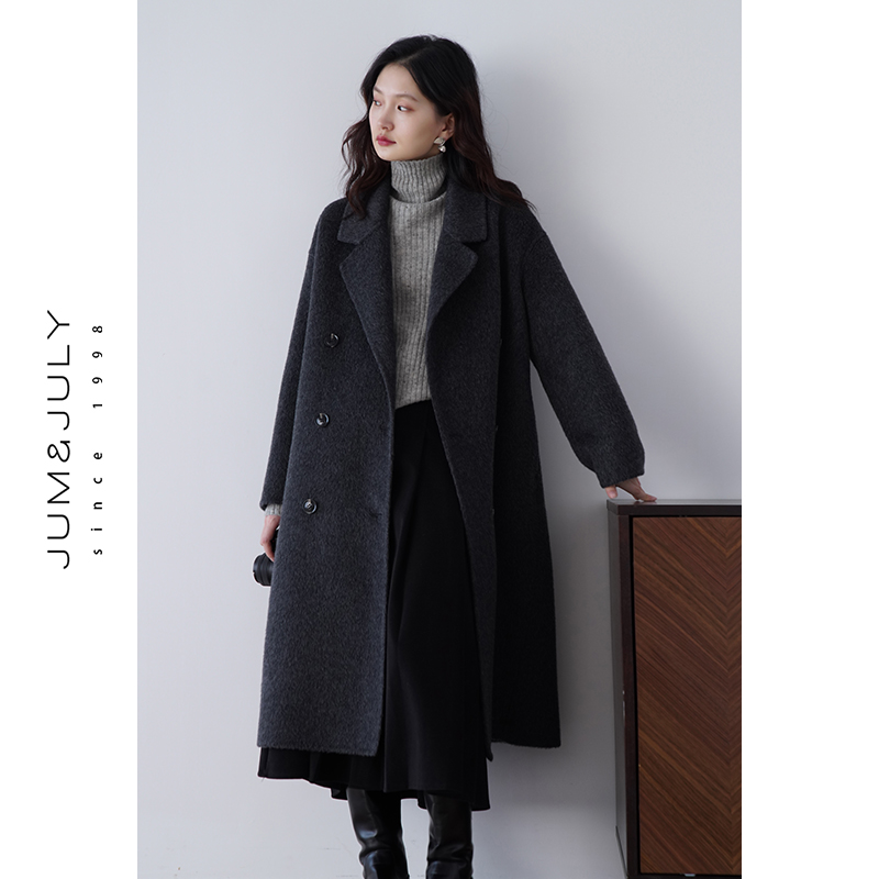 2025年秋冬新款高级感双面毛呢大衣女赫本风呢子外套宽松长款D955