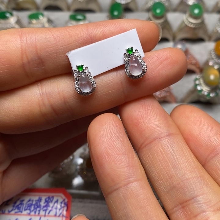 翡翠耳饰银S925镶嵌耳钉