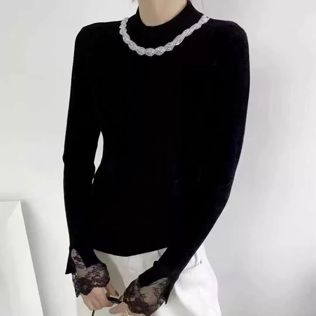 半高领秋冬气质显瘦蕾丝袖打底衫女