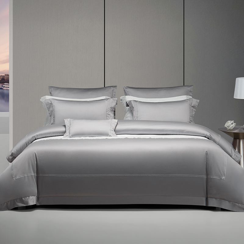 家纺100S长绒棉素色绣花四件套纯棉全棉套件简约被套：浮光