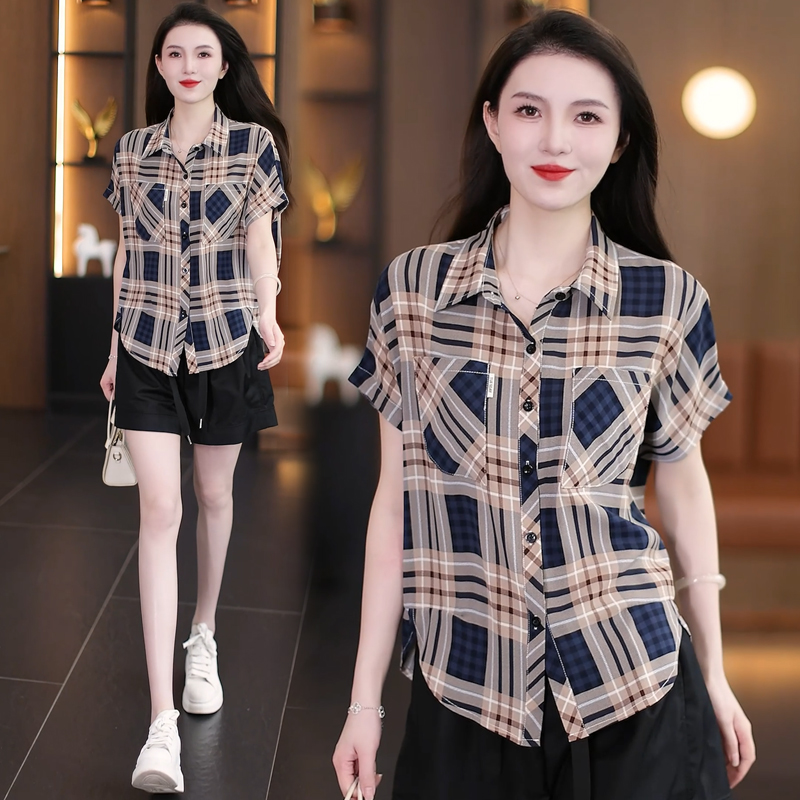 冰丝格子雪纺衬衫女2025夏季新款时尚减龄气质休闲百搭洋气小衫