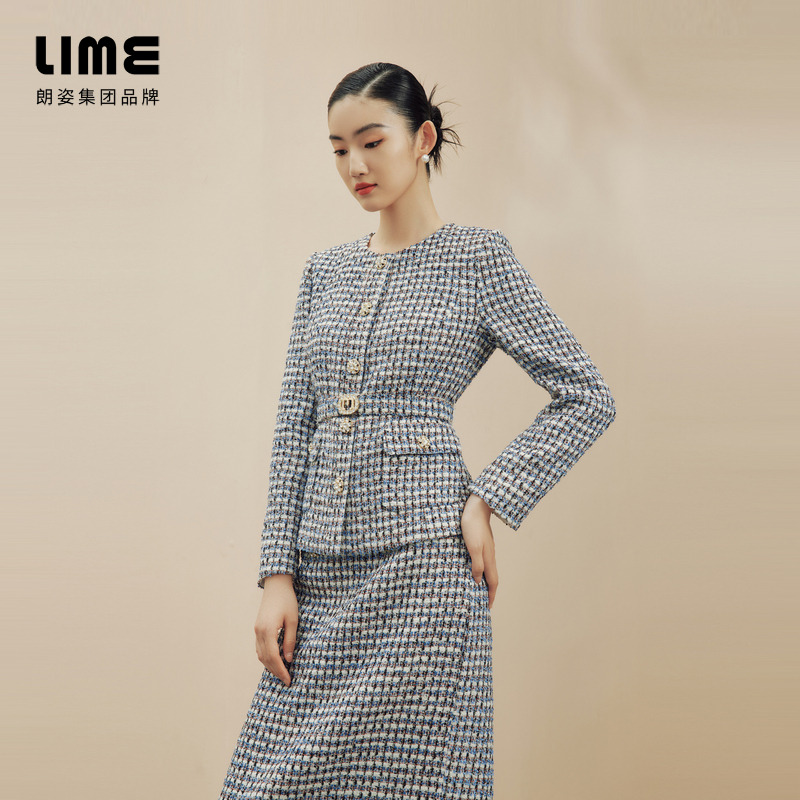 LIME/莱茵【自在从绒】冬季气质粗花呢套装巴黎蓝色LDFD9ACCJ303