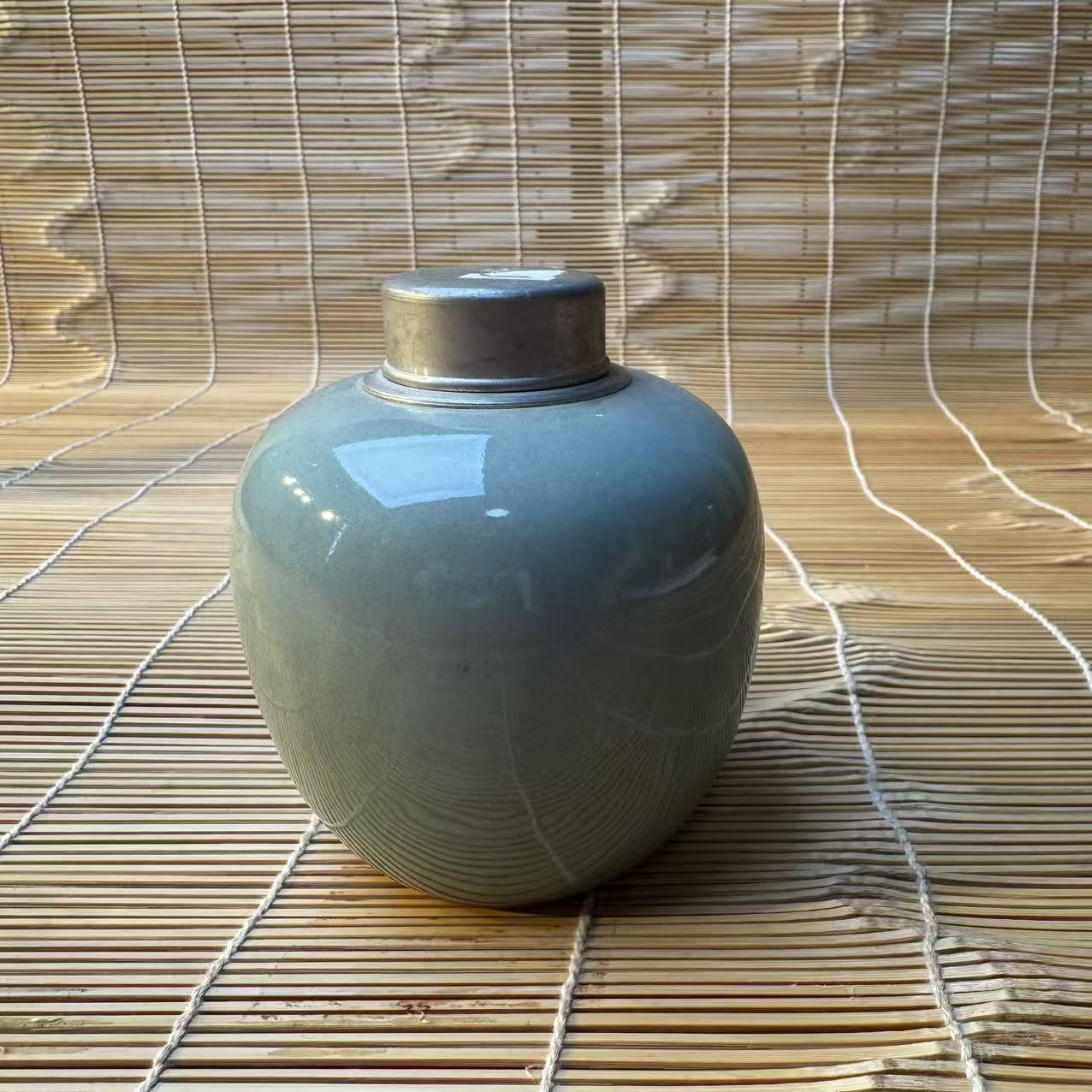 绿色陶瓷锡口茶叶罐一客