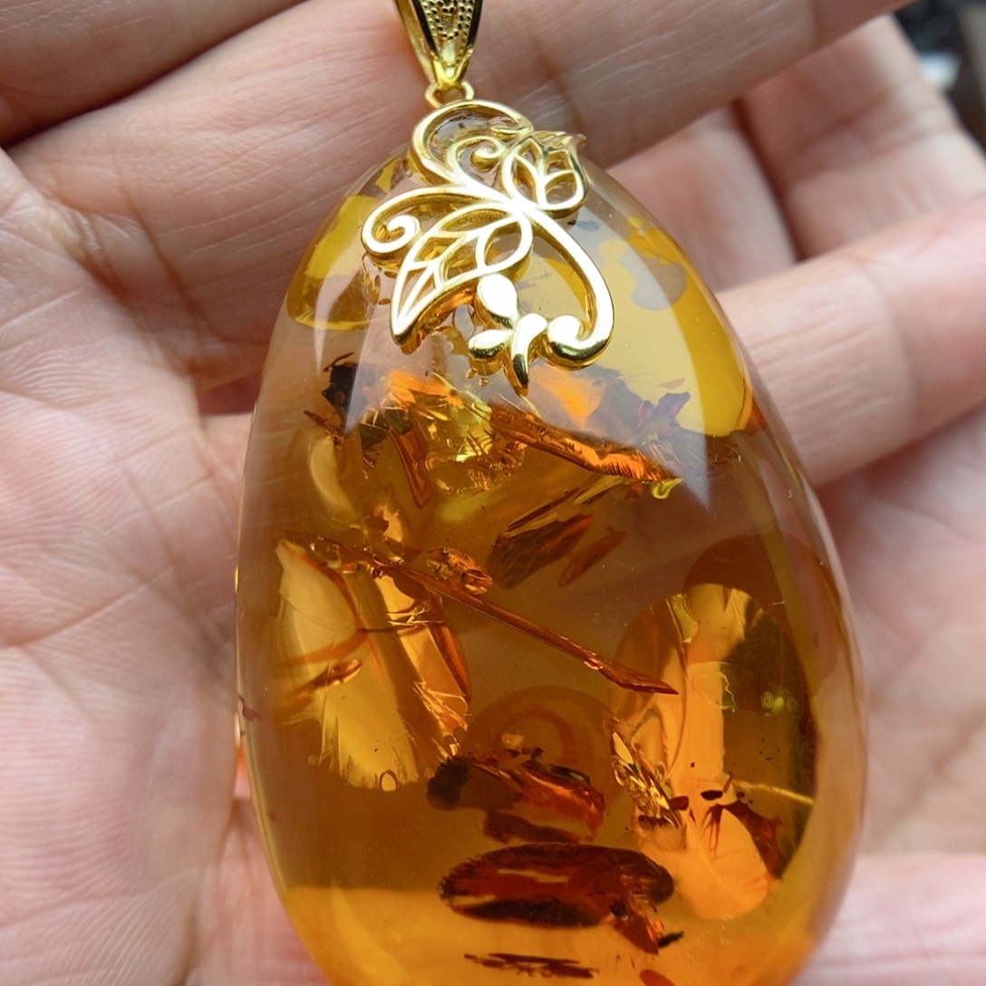 琥珀颈饰银S925镀金镶嵌