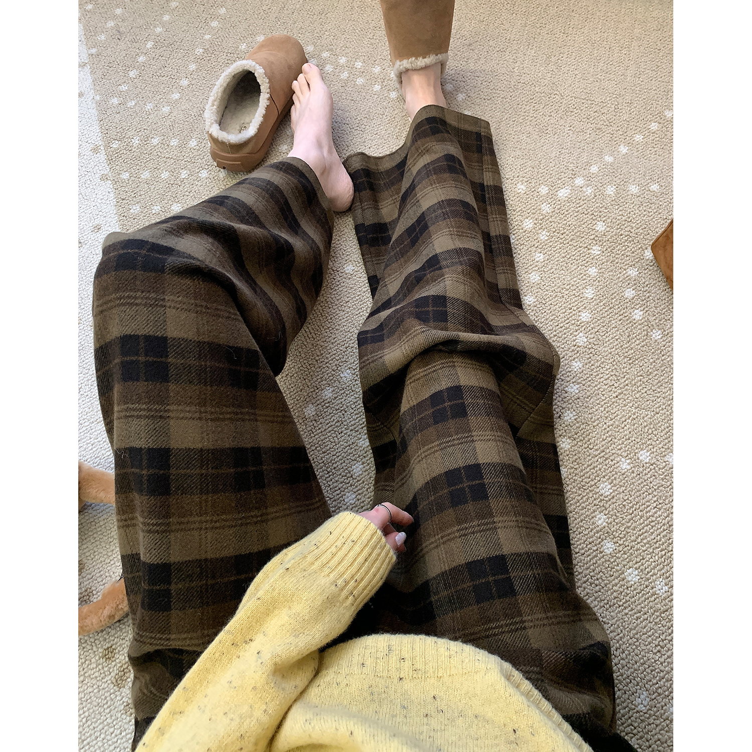 阿一 暖冬格调 复古美拉德加厚磨毛格子阔腿裤冬季垂感休闲裤子