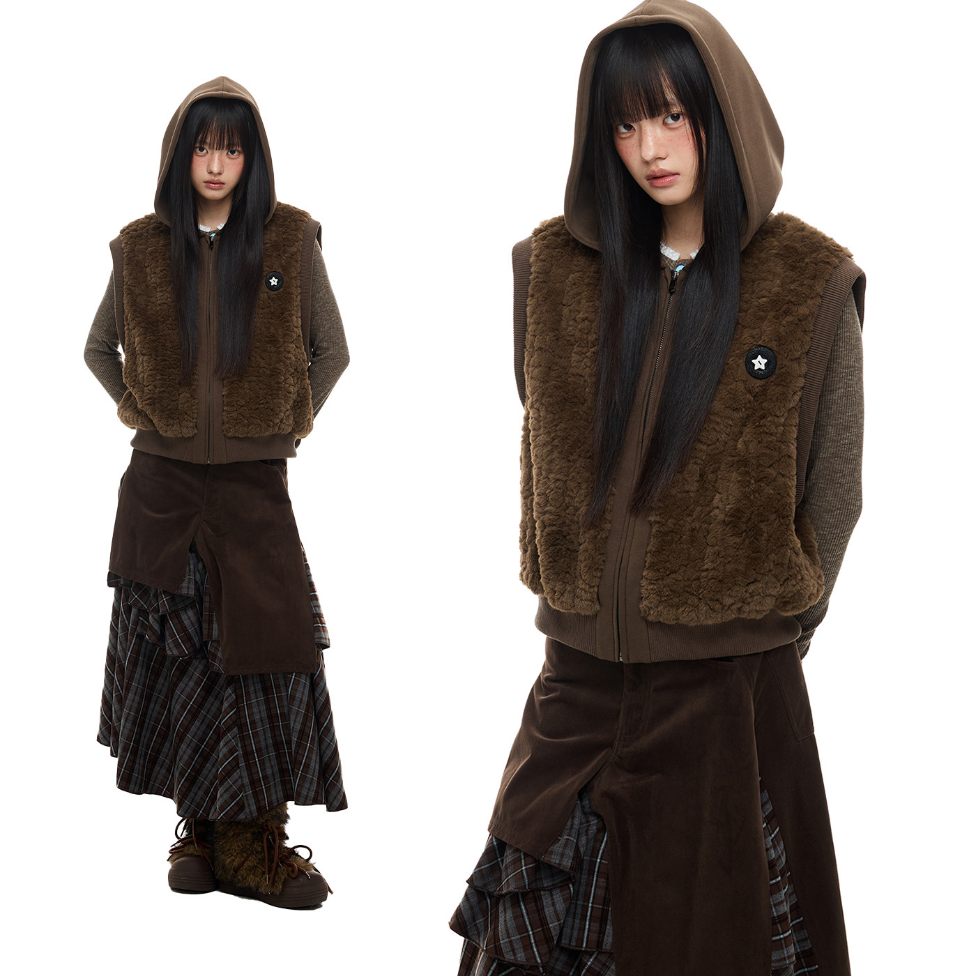 JIKOO【默读凛冽】两穿复古慵懒设计感可拆卸袖子连帽马甲外套女