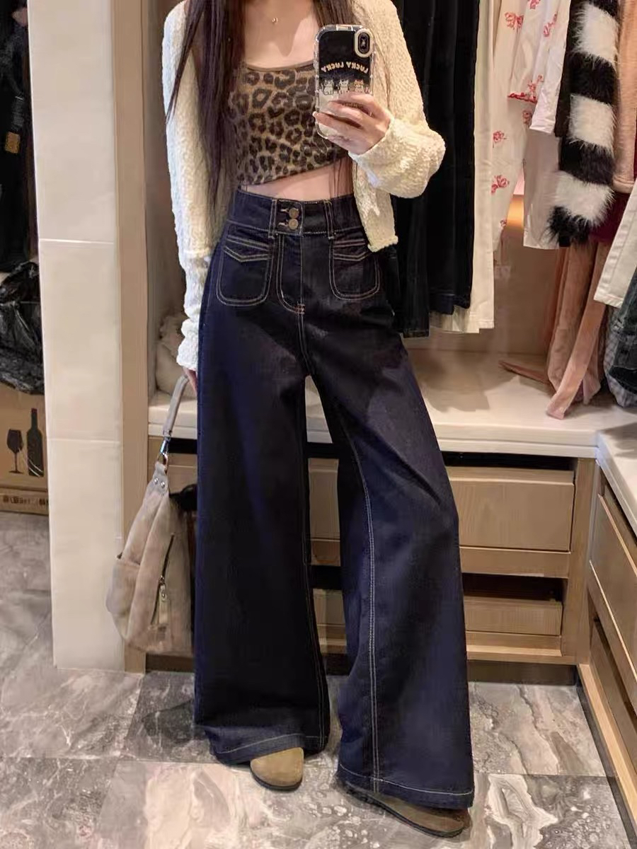 早春大码复古牛仔阔腿裤女高腰宽松显瘦拖地裤双纽扣水洗直筒裤