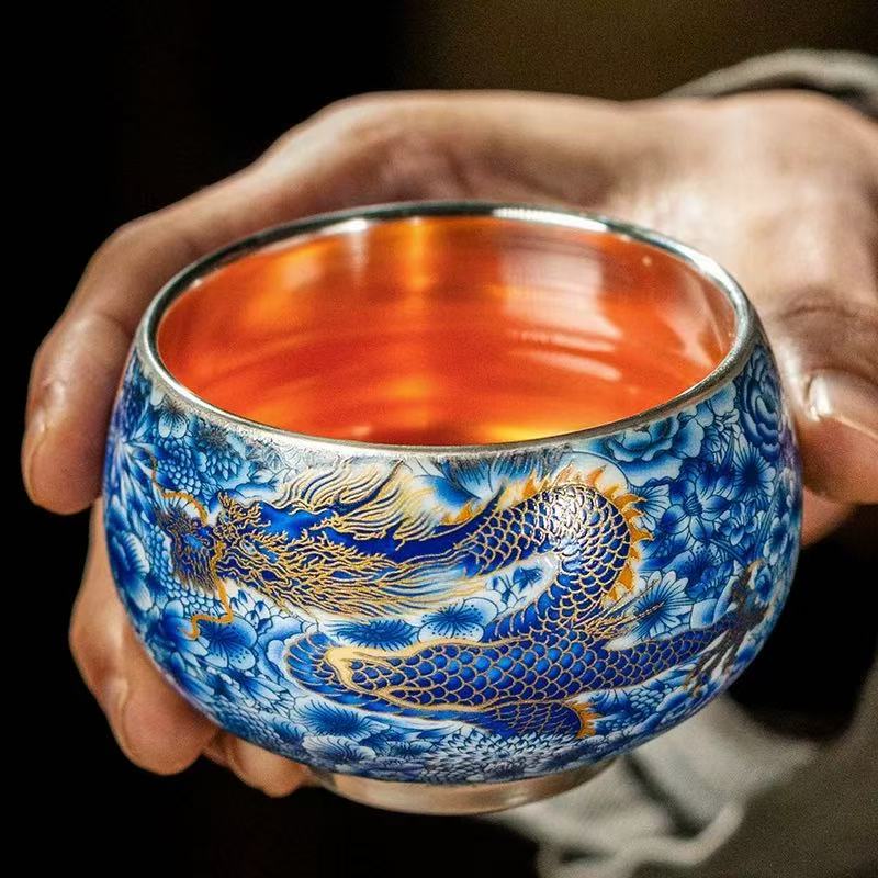秋香茶具  青花龙凤瓷胎包银主人杯大容量品茗杯禅定杯-2055