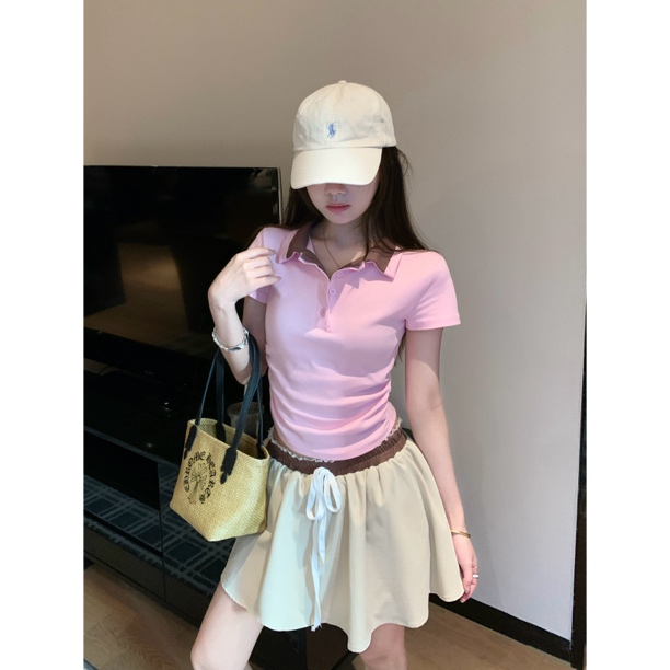【经典重现】复古撞色假两件Polo衫+撞色短裙套装
